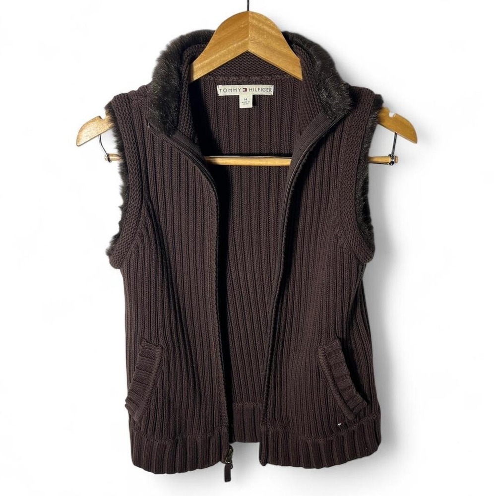 Tommy Hilfiger Brown Ribbed Knit Faux Fur Trim Vest Womens M Y2K Zip Up